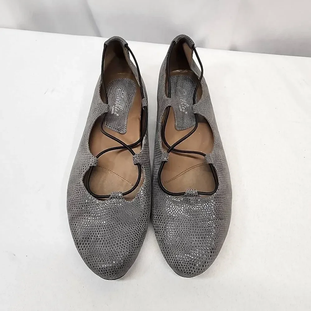 Earthies Essen Ballet Flats 12 B Cages Elastic Strap Grey Printed Suede Comfy